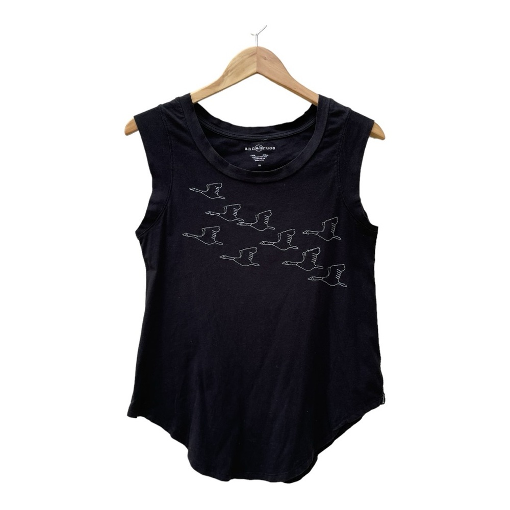 Anna Bruce Embroidered Flying Geese Black Sleeveless T-Shirt Size M - Picture 6 of 7